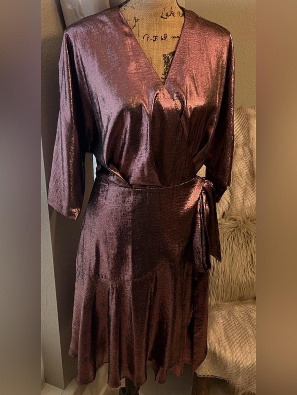 Trending Color! Etcetera Metallic Wrap Dress in Plum